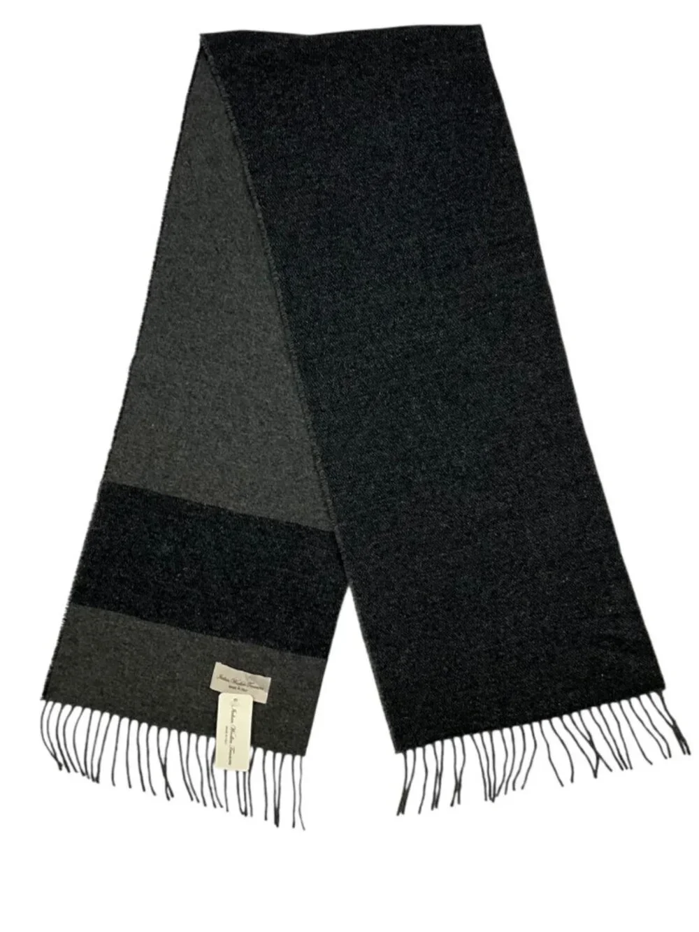 Italian Woollen Treasures Wool Scarf Gray Blue Striped Fringe NEW